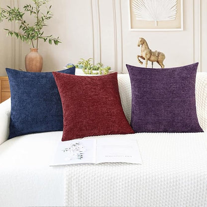 CaliTime Throw Pillow Covers Decorative 24 X 24 Inches Pack of 2 Cozy Chenille Cushion Cases for Couch Sofa Bed Living Room Home Burgundy