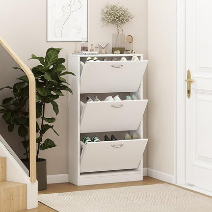 Shoe Storage Cabinet with 3 Flip Drawers, Narrow Shoe Cabinet Freestanding Slim Shoe Storage Organizer for Entryway, Hallway, Entrance, Bedroom, Living Room, White