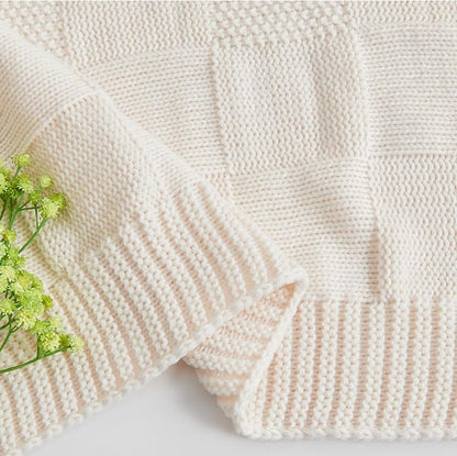 CozeCube Check Knit Throw Blanket, Cream White Checkered Throw for Couch, Decorative Christmas Soft Cozy Warm Knitted Blanket for Bed Sofa Living Room, 60"X80"