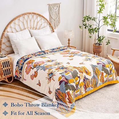 Boho Throw Blanket, 100% Cotton Ultra Soft Luxury Throw Rustic Quilt, 50"x60" Floral Bird Butterfly Farmhouse Decor Bed Blankets, All Season Rustic Reversible Bohemian Throw for Bed - Yellow