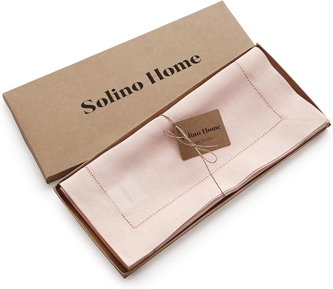 Solino Home Linen Pink Table Runner 72 Inches Long - 100% Pure Linen Hemstitch Table Runner 14 x 72 Inch for Dresser, Dining and Halloween - Classic Hemstitch