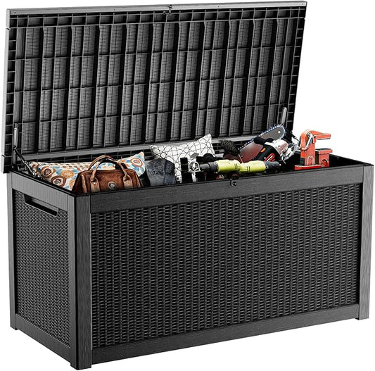 320 Gallon Deck Box Waterproof, UV Resistant Resin Outdoor Storage Box with Hydraulic Rod, Lockable Design and Enhanced Durability for Patio, Garden, and Poolside Use