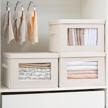 Citylife 3 Pack Storage Bins with Lids, Fabric Foldable Storage Bins with Soft Cord Handles, Canvas Storage Bin with Lid for Organizing Clothes, Blankets and Books, Beige