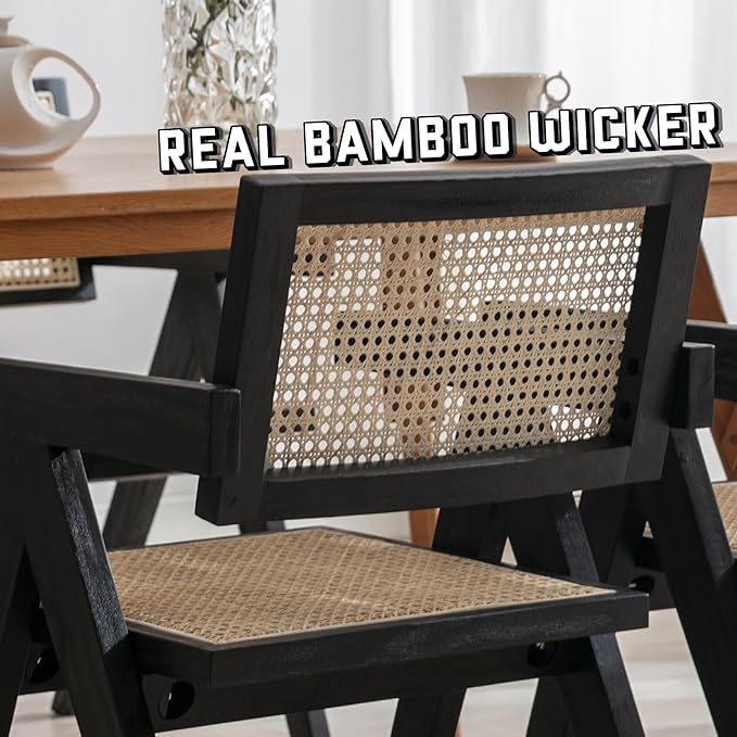Rattan Dining Chairs Set of 6, Farmhouse Wicker Dining Chairs with Cane Seat Accent Armchair for Dining Room Kitchen Restaurant, Walnut