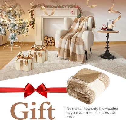LURKA Checkered Sherpa Fleece Queen-Size Bed Blanket - Extra Thick and Warm Winter Soft Fuzzy Plush Blanket for Couches, Beds & Pets, Brown, 90x90 Inches