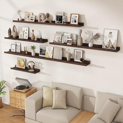 Floating Picture Ledge Shelves 55 Inch Solid Oak Wood Set of 2, Rustic Wall Storage Shelves with Lip, Kids Bookshelf, Photo & Picture Ledge Shelves for Bedroom, Living Room, Kitchen