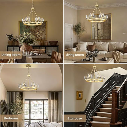 Gold Wagon Wheel Chandelier, 24 Inch Brass Chandeliers with Unique Glass Shade, 6-Light Crystal Farmhouse Wagon Wheel Chandeliers for Dining Room, Round Chandelier for Living Room, Foyer, Entryway