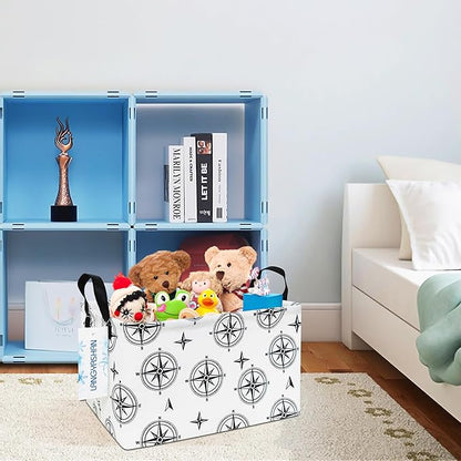 LANGYASHAN Rectangular Storage Bin Collapse Canvas Fabric Cartoon Storage Basket with Handles for Organizing Home Kitchen Boys and Girls Toys Office Closet Shelf Baskets (Rec Black Compass)