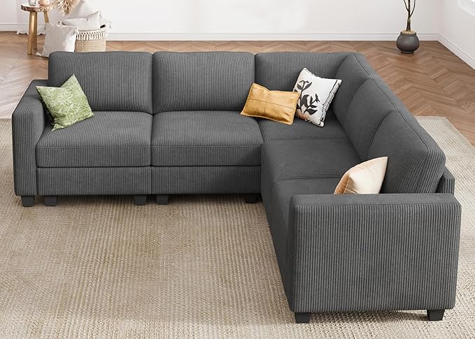 HONBAY Corduroy Modular Sectional Sofa with 5 Seaters, Sectional Corner Sofa with Chaise, L Shape Couches for Living Room, Dark Gray