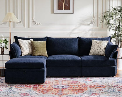 102.6" Modular Sectional Sofa, Oversized 3-Seater Blue Couch with Removable Chenille Fabric Cover, Deep Seat & High Backrest for Living Room, Office & Apartment