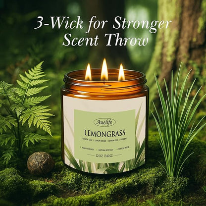 Auelife Lemongrass Scented Candle | 3-Wick Jar Candle - 12oz Natural Soy Wax - Citronella Scent for Indoor Outdoor Use, Long Lasting Aromatherapy Gifts for Fathers Day, Summer, 50+ Hour Burn