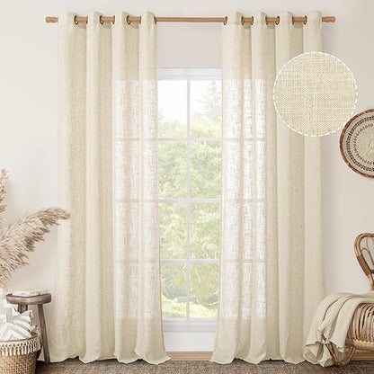LAMIT Beige Linen Curtains 84 Inch Length 2 Panels for Living Room, Light Filtering Boho Window Treatments Semi Sheer Neutral Thick Drapes with Bronze Grommet for Bedroom/Farmhouse, 52 X 84 Inch