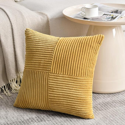 Fancy Homi 2 Packs Mustard Yellow Samll Decorative Throw Pillow Covers 14x14 Inch with for Couch Bed Sofa, Rustic Farmhouse Boho Home Decor, Soft Corss Patchwork Corduroy Square Cushion Case 35x35 cm