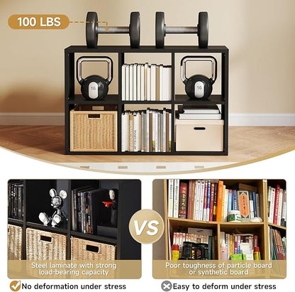 6 Cube Storage Organizer, Black Bookshelf with Storage, 2 Tier Storage Cubes, Freestanding Storage Organizer with Shelves for Living Room, Study