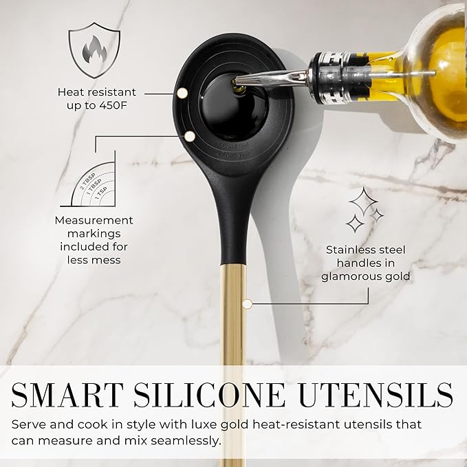 Styled Settings Black and Gold Cooking Utensils Set - 7-Piece Silicone Utensils Set Include Spatula Holder for Nonstick Cookware and Modern Kitchens - Stylish Black and Gold Kitchen Accessories