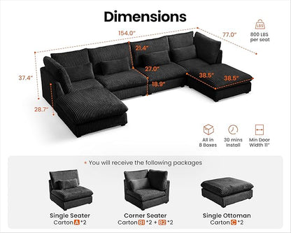 Oversized Modular Sofa, Extra Deep Cloud Corduroy Sectional Couch with Ottoman Chaise, Fluffy Chenille 6 Seat U-Shaped Sofa for Living Room, Villa (U Shape 6 Seater, Corduroy Black)