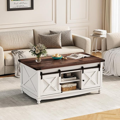48" Farmhouse Lift Top Coffee Table with Storage Sliding Barn Door & Large Hidden Compartment, Coffee Table with Lifting Top with Wooden Lift Tabletop, Coffee Tables for Living Room, White