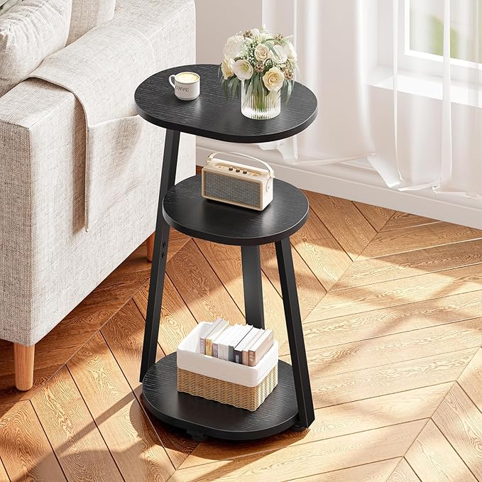 Side Table, Small End Table with Metal Frame, 3-Tier Bedside Tables, Round Side Tables for Living Room Bedroom Couch Bathroom, Oval, Pure Black
