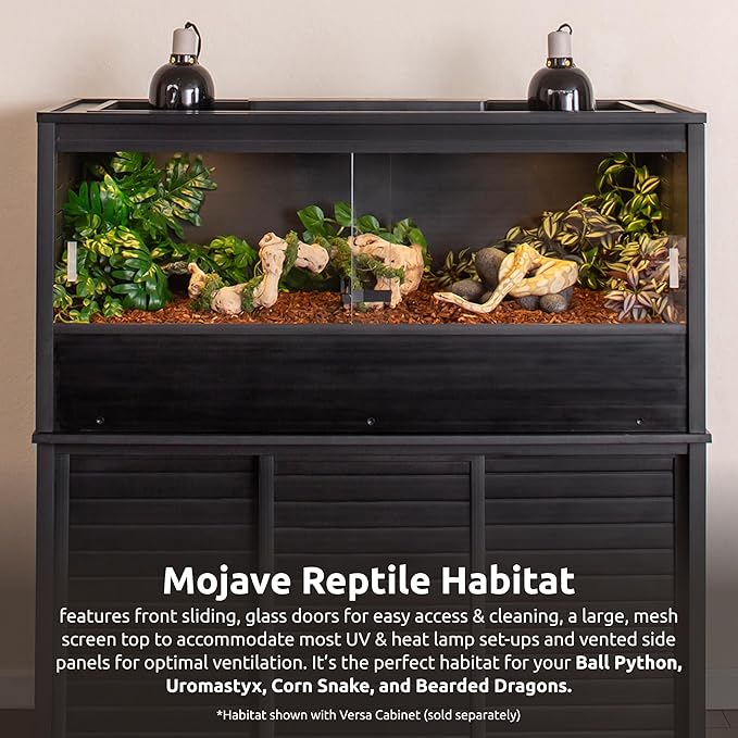 New Age Pet ECOFLEX 48 in Mojave Reptile Lounge in Espresso Black, Durable Wood Plastic Composite Habitat with Vented Side Panels, Removable Sliding Glass Doors, and Mesh Screen Top for Lamp Setup,