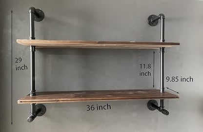 Industrial Pipe Wall Shelves Pipe Shelving with Real Wood Plank ,36 Inches Floating Shelves for Wall Farmhouse Pipe Book Shelves Dark Brown 2 Tier for Kitchen,Living Room Decor and Bar Shelving