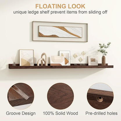 Floating Picture Ledge Shelves 72 Inch Solid Oak Wood Set of 2, Rustic Wall Storage Shelves with Lip, Kids Bookshelf, Photo & Picture Ledge Shelves for Bedroom, Living Room, Kitchen
