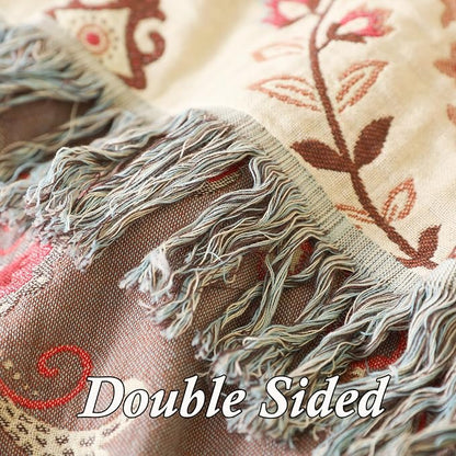 Snycler Boho Throw Blanket for Bed - 100% Cotton Ultra Soft Rustic Quilt - Pink Boho Floral Printed Farmhouse Decor Bed Blankets, 80"×90" All Season Rustic Throw for Sofa Couch Chair