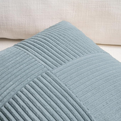 Fancy Homi Set of 2 Light Blue Euro Decorative Throw Pillow Covers 28x28 Inch for Bedroom Couch Bed, Farmhouse Boho Home Decor, Soft Cross Corduroy Patchwork Textured Square Cushion Case 71x71 cm