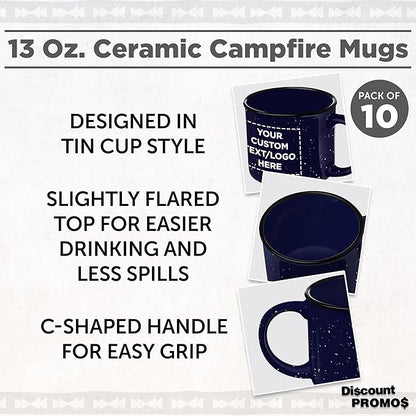 DISCOUNT PROMOS Custom Ceramic Campfire Coffee Mugs 13 oz. Set of 10, Personalized Bulk Pack - Perfect for Tea, Espresso, Cappuccino, Hot Cocoa - Blue