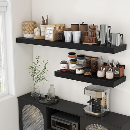Black Floating Shelves for Wall - 55 Inch Wide x 12 Inch Deep Wall Shelves Set of 1 - Rustic Black Wood Shelves for Living Room, Bathroom, Laundry Room, Bedroom, Kitchen, Home Office