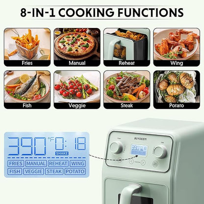 BUYDEEM F51 8-in-1 Air Fryer 4.2QT, Retro Countertop Airfryer Oven with Visible Window, Shake Reminder, One-touch Control with LCD Display, Cozy Greenish