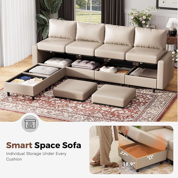 118.5" Faux Leather Modular Sectional Sofa, U Shaped Couch Set for Living Room, Large 8-Seater Comfy Cloud Couches with Storage Seat DIY Combination - Whitesand