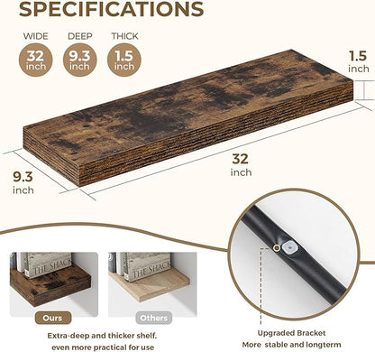 Dreamland 32 Inches Floating Shelves for Wall, 9.3" Deep Long Floating Shelves Set of 2, Large Display & Storage Shelf, Wall Shelf for Bathroom Bedroom Living Room Kitchen Office, Rustic Brown
