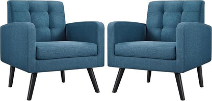 Yaheetech Mid-Century Accent Chairs, Modern Upholstered Living Room Chair, Cozy Armchair Button Tufted Back and Wood Legs for Bedroom/Office/Cafe, Set of 2, Navy Blue
