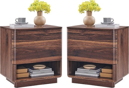Nightstand Set of 2 with Charging Station, 22" Large Modern Bedside Table with 2 Drawers Storage,Push-to-Open End Table for Bedroom,Living Room,Brown