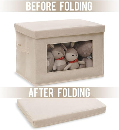 Citylife 3 Pack Storage Bins with Lids, Fabric Foldable Storage Bins with Soft Cord Handles, Canvas Storage Bin with Lid for Organizing Clothes, Blankets and Books, Beige
