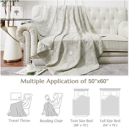 jinchan Boho 100% Cotton Muslin 50x60 Throw Blanket Lightweight 3-Layer Light Grey Blanket Washable Reversible Breathable Decorative Geometric Striped Patterned Soft Cozy for Sofa Bed All Season Gift
