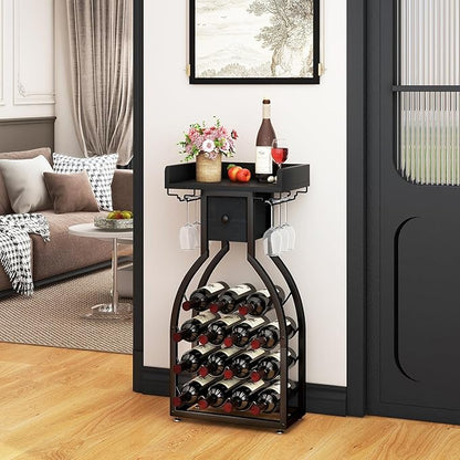 IBUYKE Wine Rack Freestanding Floor,Wine Storage 15 Bottles Bottle Rack with Glass Holders, Mini Bar Wine Cabinet with Storage Drawer for Home Bar Kitchen Dining Room,Black,UTMJ908B