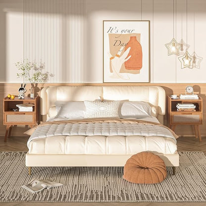Lerliuo Rattan Nightstand, Side Table with Drawer Open Shelf, Cane Accent Bedside End Table with Solid Wood Legs, Mid Century Modern Night Stand for Bedroom, Dorm and Small Spaces (Tea Brown)