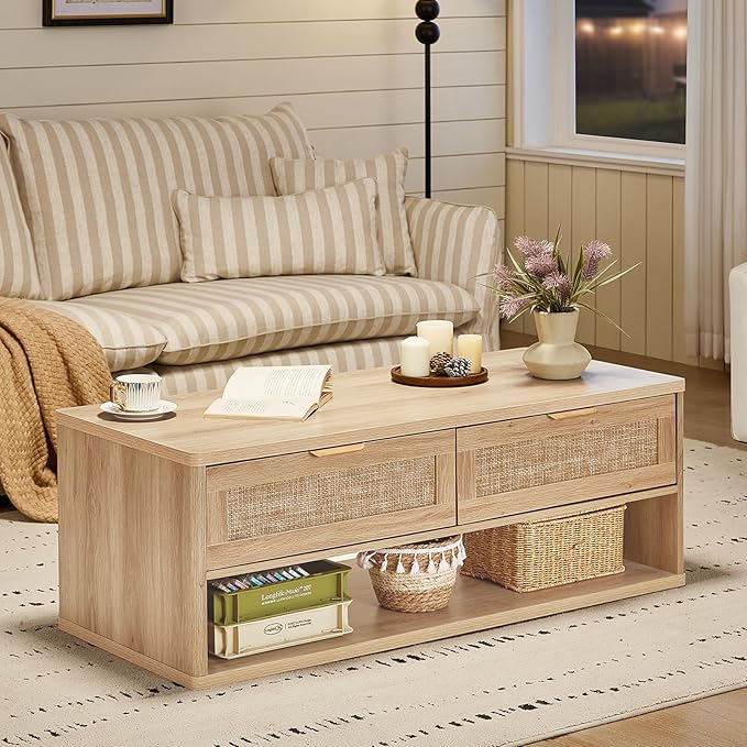 LEYAOYAO Boho Rattan Coffee Table Sets 3 Pieces, Nightstand with Charging Station and Coffee Table with Hidden Storage Compartment, Natural Living Room Table Set, Wood Furniture Sets for Home Office