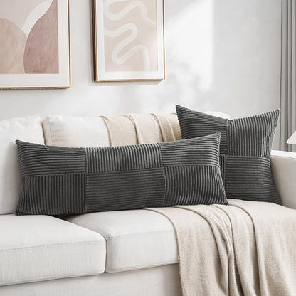 Fancy Homi 2 Packs Dark Gray Decorative Throw Pillow Covers 16x16 Inch for Living Room Couch Bed, Rustic Farmhouse Boho Home Decor, Soft Corss Patchwork Corduroy Textured Square Cushion Case 40x40 cm