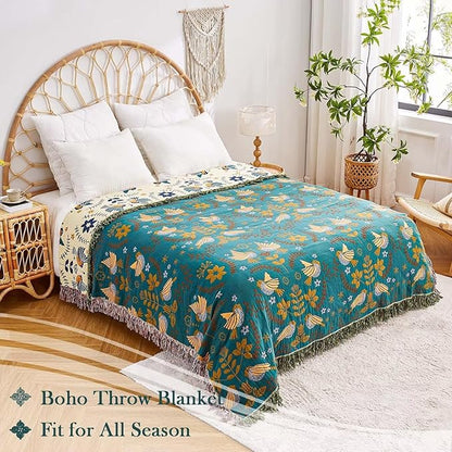 Boho Throw Blanket, 100% Cotton Ultra Soft Luxury Throw Rustic Quilt, 60"x80" Floral Printed Farmhouse Decor Bed Summer Blankets, All Season Rustic Reversible Bohemian Throw for Bed - Blue