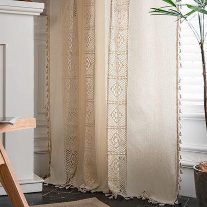 Sutuo Home Boho Curtains Crochet Lace Patchwork Semi-Blackout Bohemian Handmade Tassels, Rod Pocket Window Treatment Vintage Rustic Farmhouse Drapes for Living Bedroom, 1 Panel 59" W x 84" L, Beige