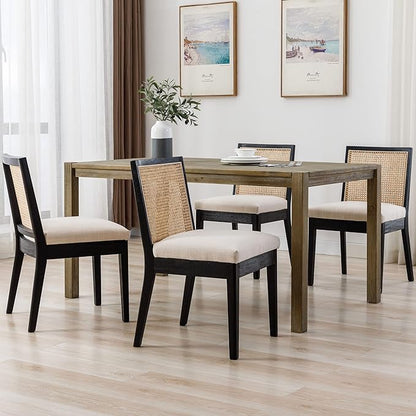 VESCASA Upholstered Dining Chairs with Square Rattan Back, Armless Padded Linen Cushion Dining Chairs with Wood Legs for Dining Room, Kitchen, Set of 6, Black Frame