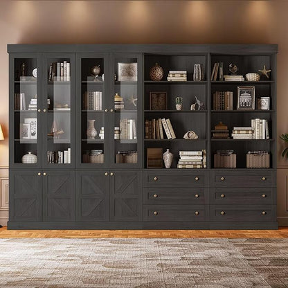 Vyre 71" Tall Farmhouse Bookshelves with Glass Doors and Drawers, Set of 4 – Large Modular Bookcase with Adjustable Shelves, Storage Cabinet for Living Room, Kitchen, Black