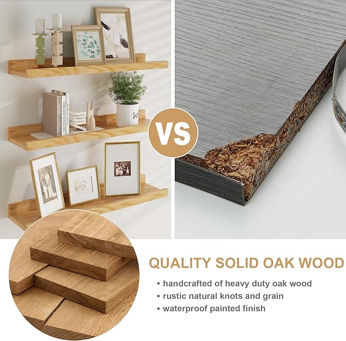 Floating Picture Ledge Shelves 55 Inch Solid Oak Wood Set of 2, Rustic Wall Storage Shelves with Lip, Kids Bookshelf, Photo & Picture Ledge Shelves for Bedroom, Living Room, Kitchen