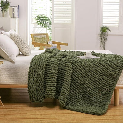 WESHIONGOO Chunky Knit Blanket Throw 50"×60" Knitted Throw Blankets for Couch Bed Fluffy Soft Blanket with Jumbo Chenille Yarn Thick 100% Handmade (Olive Green)