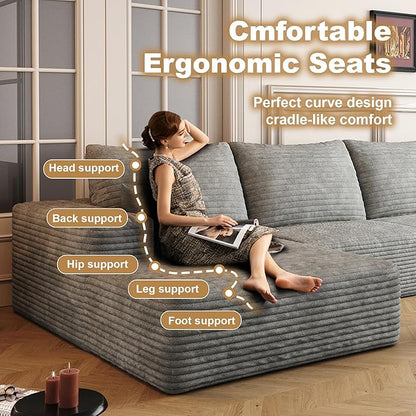 136" Sectional Couches for Living Room Modern Modular Sofa with L-Shape Couchs Upholstered Boneless Couch Deep Seat Sectional Couch with Chaise (Grey, Left Facing Chaise+3Seaters+Ottoman)