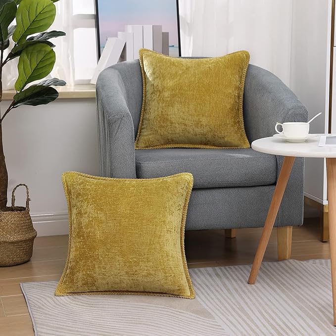 decorUhome Chenille Soft Throw Pillow Covers 18x18 Set of 2, Farmhouse Velvet Neutral Decorative Euro Pillow Covers with Stitched Edge for Couch Sofa Bed Home Decor, Mineral Yellow