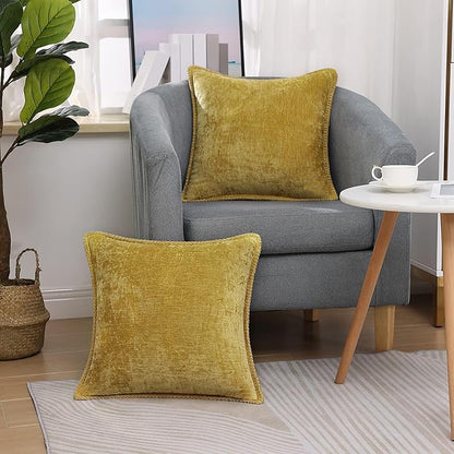 decorUhome Chenille Soft Throw Pillow Covers 18x18 Set of 2, Farmhouse Velvet Neutral Decorative Euro Pillow Covers with Stitched Edge for Couch Sofa Bed Home Decor, Mineral Yellow