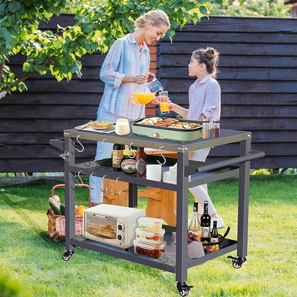 Domi 3-Shelf Outdoor Grill Table, Grill Cart Outdoor with Wheels, Pizza Oven and Food Prep Table, Blackstone with Stainless Steel Tabletop, BBQ Stand for Blackstone Griddle for Outside BBQ